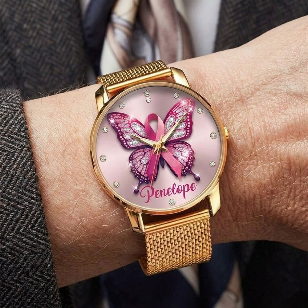 Personalized Breast Cancer Awareness Butterfly Watch Mesh Strap Pink Ribbon Ladies Wristwatch Custom Name Support Gift