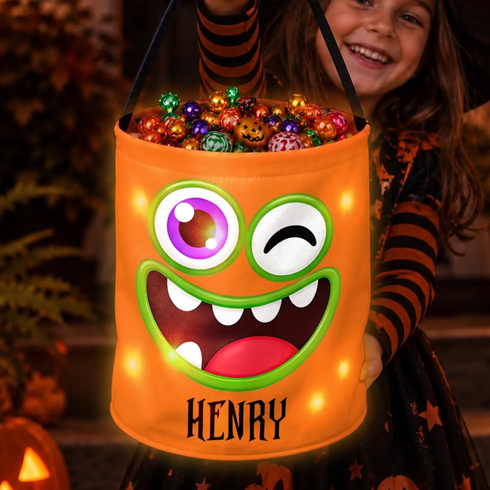 Personalized Halloween Birthday Gifts For Kids Our Little Monsters Custom LED Light Bucket Bag
