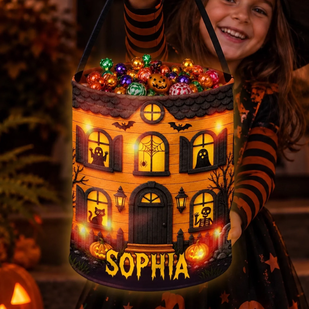 Personalized Halloween Gifts For Kids Boo Crew Lives Here Custom LED Light Bucket Bag