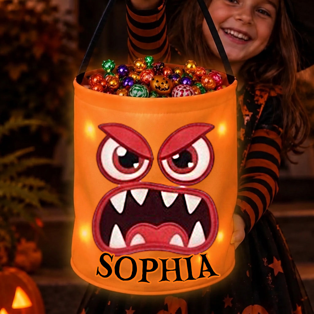 Personalized Halloween Monster Candy Bucket Kids Trick Or Treat Bag With Name Cute LED Light Up Tote Reusable Fabric Candy Holder