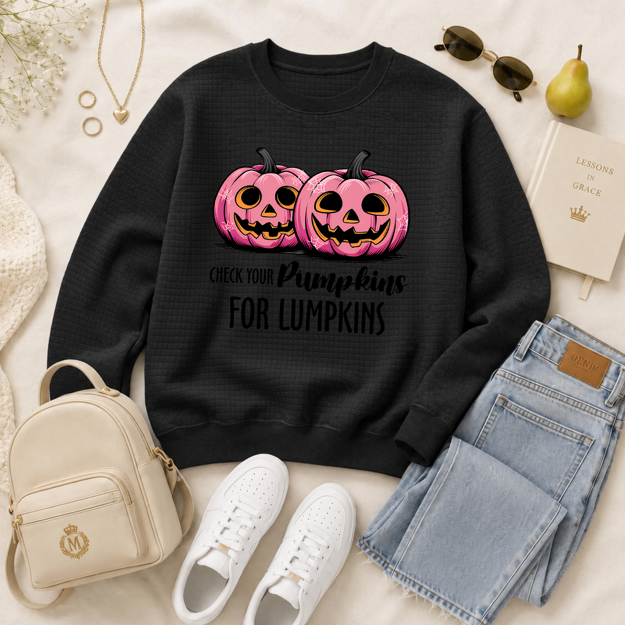 Cute Cartoon Pumpkin Graphic Waffle Knit Pullover, Funny Humor‑Themed Women’s Sweatshirt, Autumn Halloween Casual Long‑Sleeve Shirt