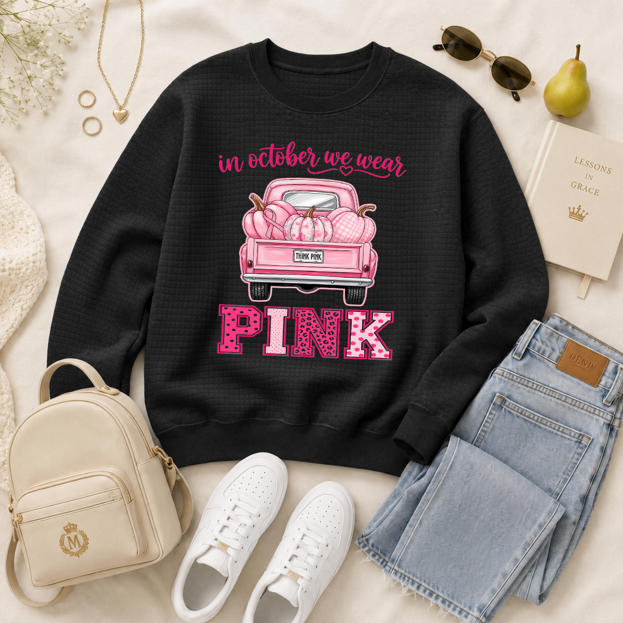 Women's Cute Pink Truck Pumpkin Waffle Knit Sweatshirt, Cartoon Fall Graphic Pullover, Casual Autumn Long-Sleeve Top