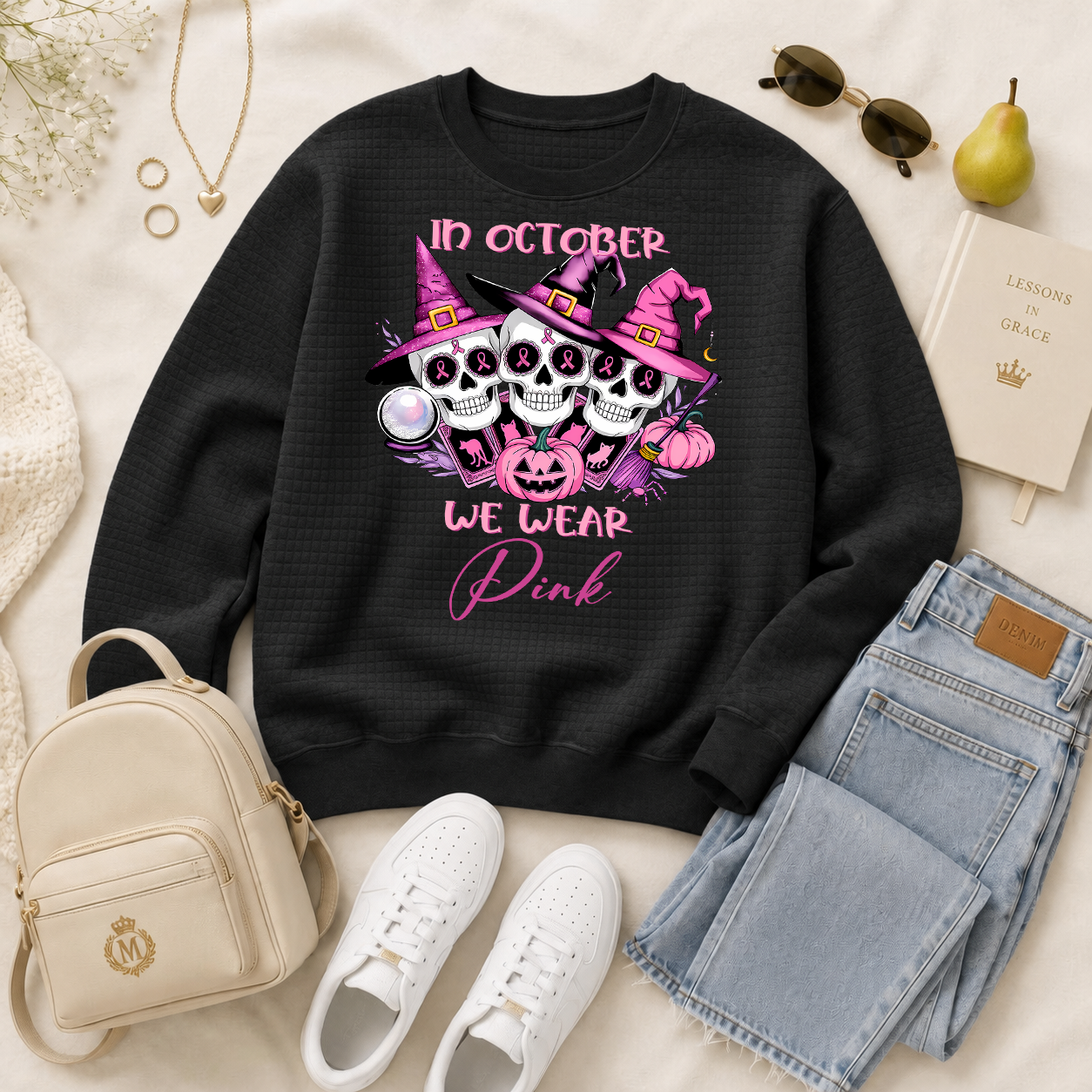 Women’s Cartoon Skull Witch Pumpkin Waffle Knit Sweatshirt, Spooky Halloween Fall Graphic Pullover, Casual Long‑Sleeve Autumn Top