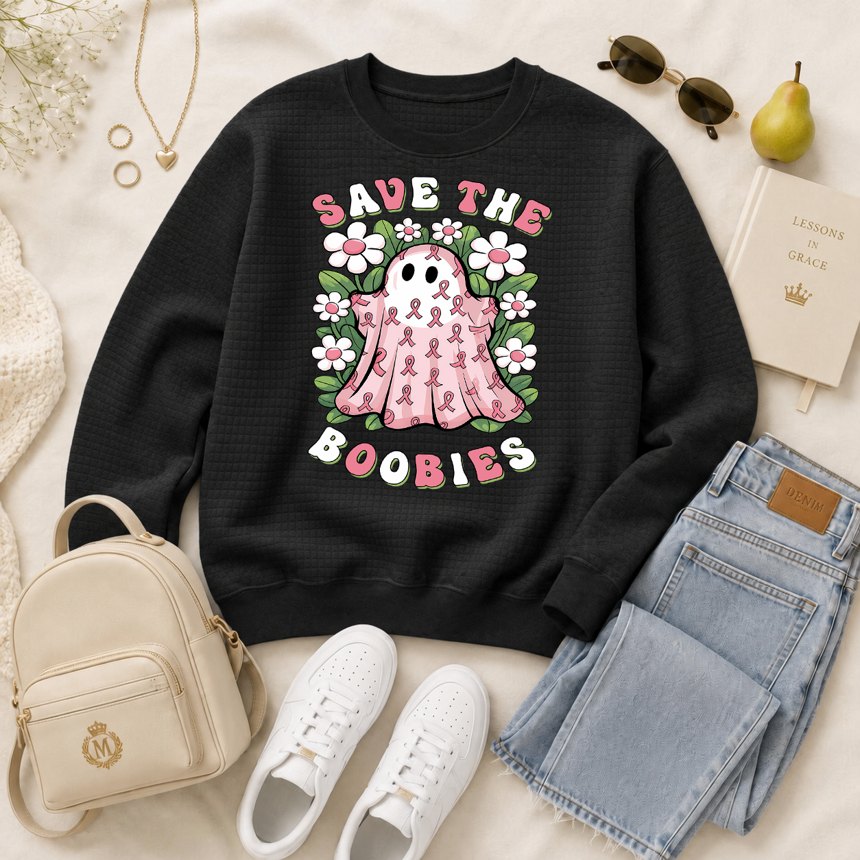Women's Cute Cartoon Ghost Pink Ribbon Waffle Knit Sweatshirt, Halloween Flower Graphic Pullover, Breast Cancer Awareness Casual Long-Sleeve Top