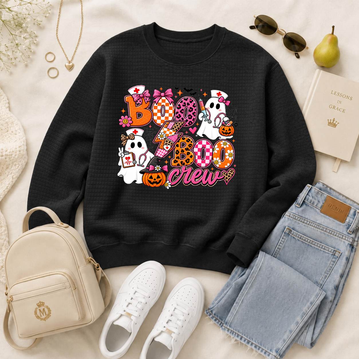 Women's Waffle-Knit Long-Sleeve Pullover, Playful Cartoon Nurse Ghost & Pumpkin Halloween Graphic Sweatshirt, Casual Autumn Wear