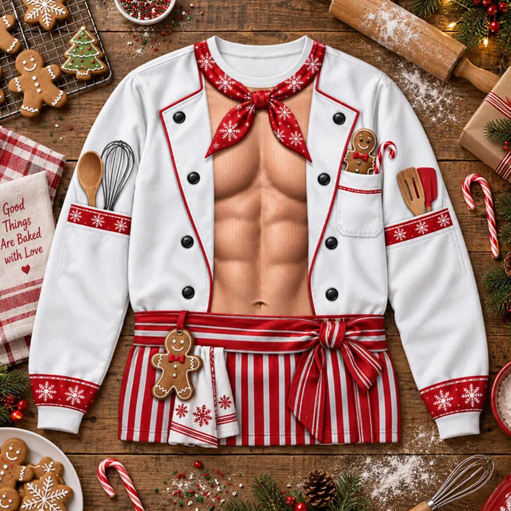 Personalized Christmas Muscular Chef Apron Funny Gingerbread Baking Costume Sexy Holiday Kitchen Gift For Men Couples Ugly Sweater