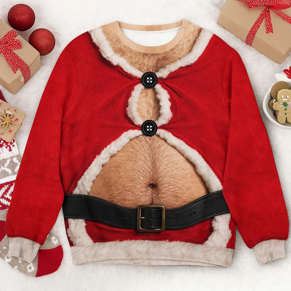 Personalized Funny Santa Belly Sweater Hairy Torso Print Christmas Ugly Sweater Style Holiday Party Outfit Gift For Men 