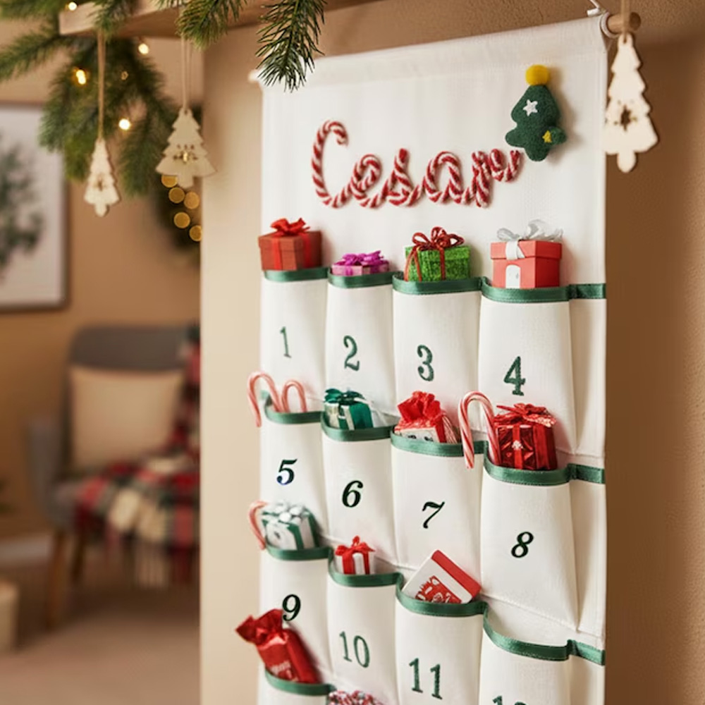 Personalized Handmade Name Yarn Name Christmas Hanging Advent Calendar Family Tradition Reusable Christmas Advent Calendar with 24 Large Pockets