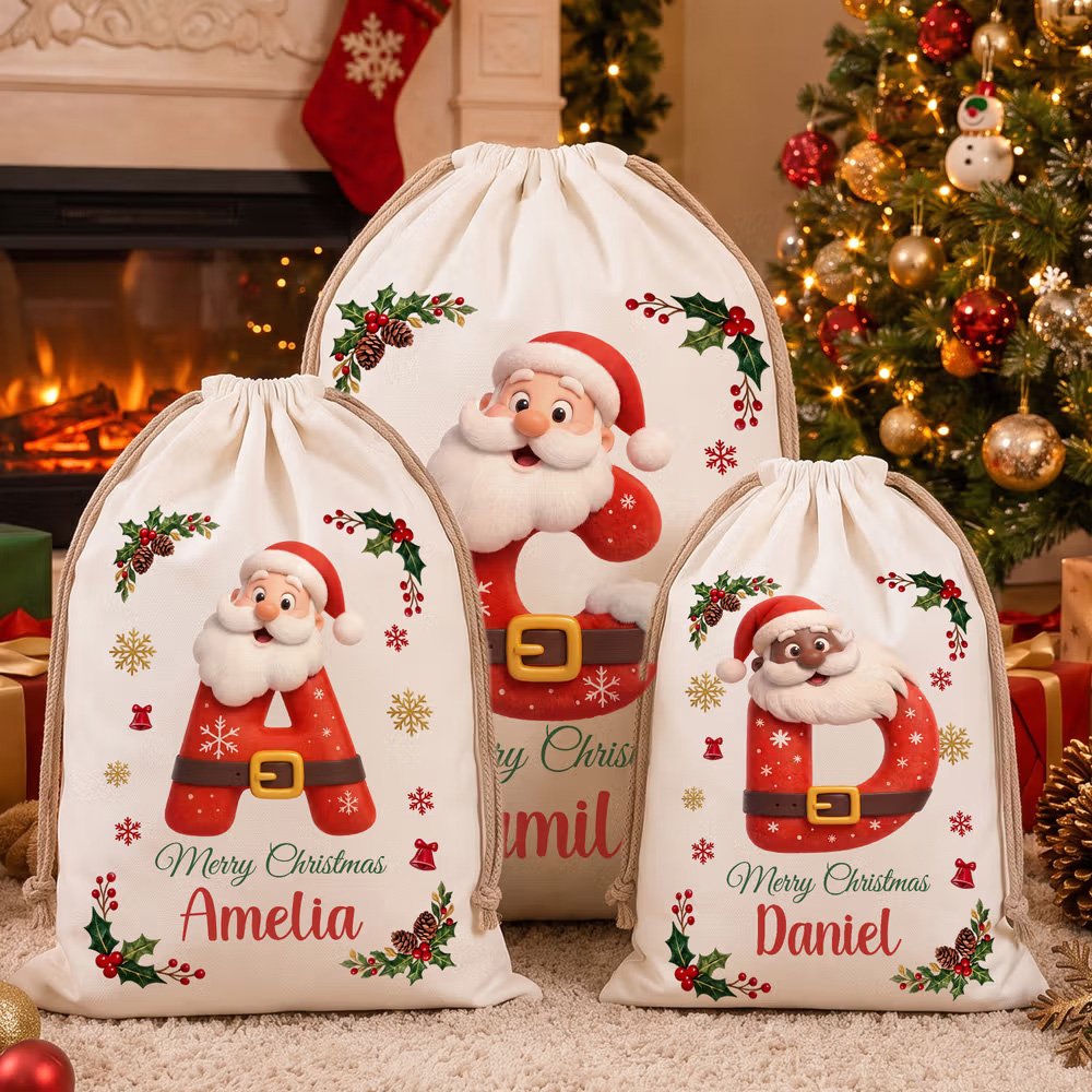 Personalized Merry Christmas Santa Claus Canvas Drawstring Gift Bag with Name and Initial Christmas Eve Gift for Kids