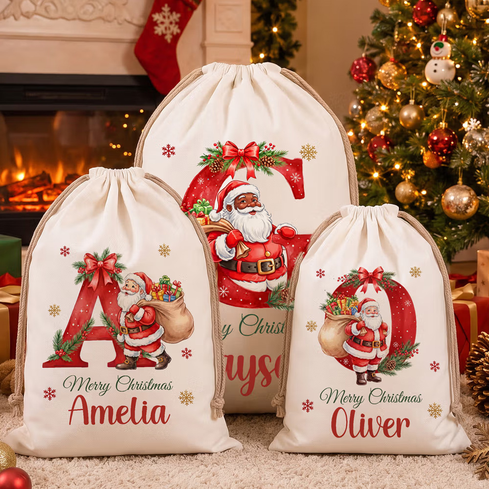 Personalized Merry Christmas Santa Claus Canvas Drawstring Gift Bag with Name and Initial Christmas Eve Party Gift for Kids