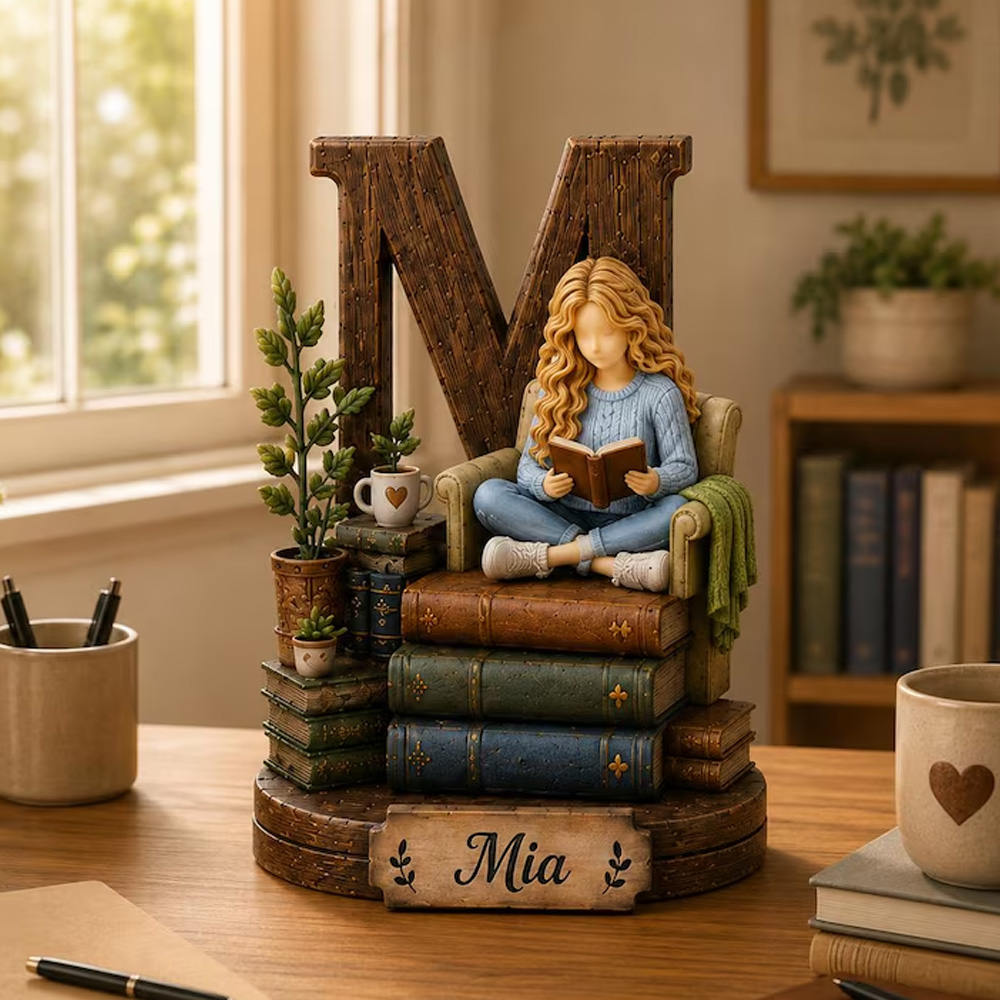 Personalized Book Lover Letter Decor Girl Reading On Chair Custom Name Initial Monogram Gift For Readers Bedroom Desk Shelf Home Ornament