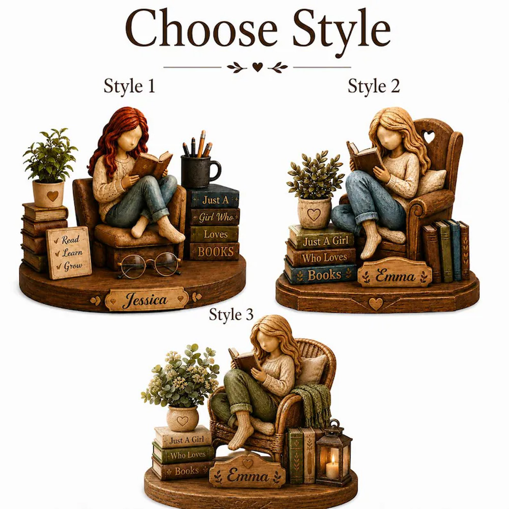 Personalized Book Lover Figurine Girl Reading On Chair Custom Name Gift For Readers Cozy Bedroom Desk Shelf Home Decor Ornament