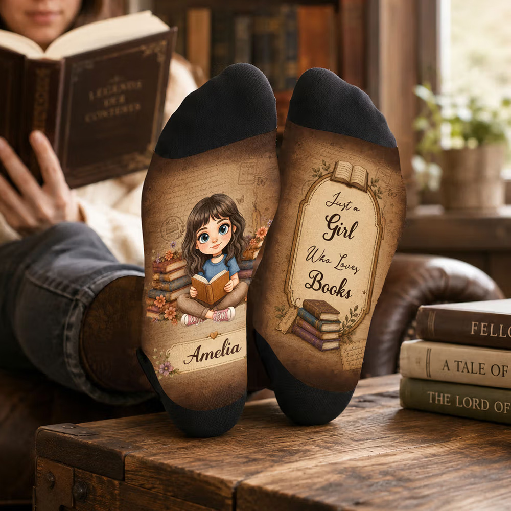 Personalized Vintage Cartoon Reading Character Photo Soft Mid-Calf Socks with Name and Text Daily Wear Birthday Gift for Book Lovers Women