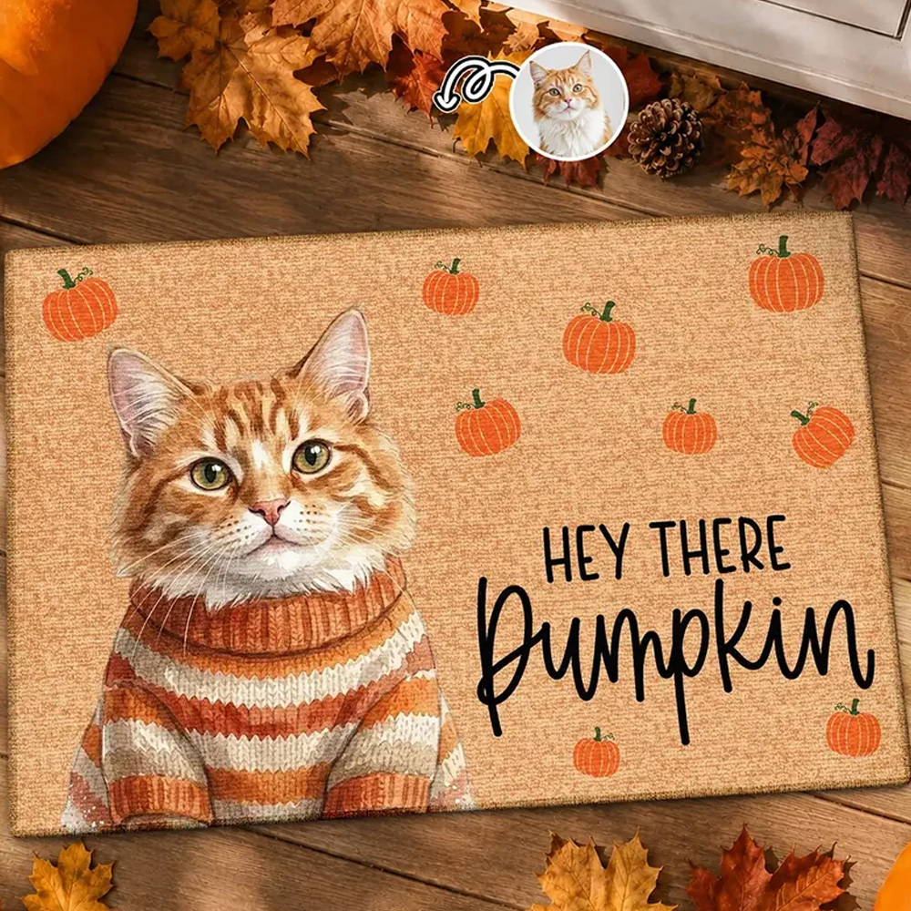 Personalized Doormat Photo Watercolor Pet With Autumn Accessories Hey There Pumpkin