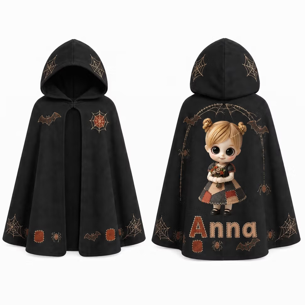 Personalized Kids Halloween Hooded Cloak with Custom Name Photo Patchwork Cartoon Boy Cape Trick or Treat Party Costume for Toddlers Boys Girls