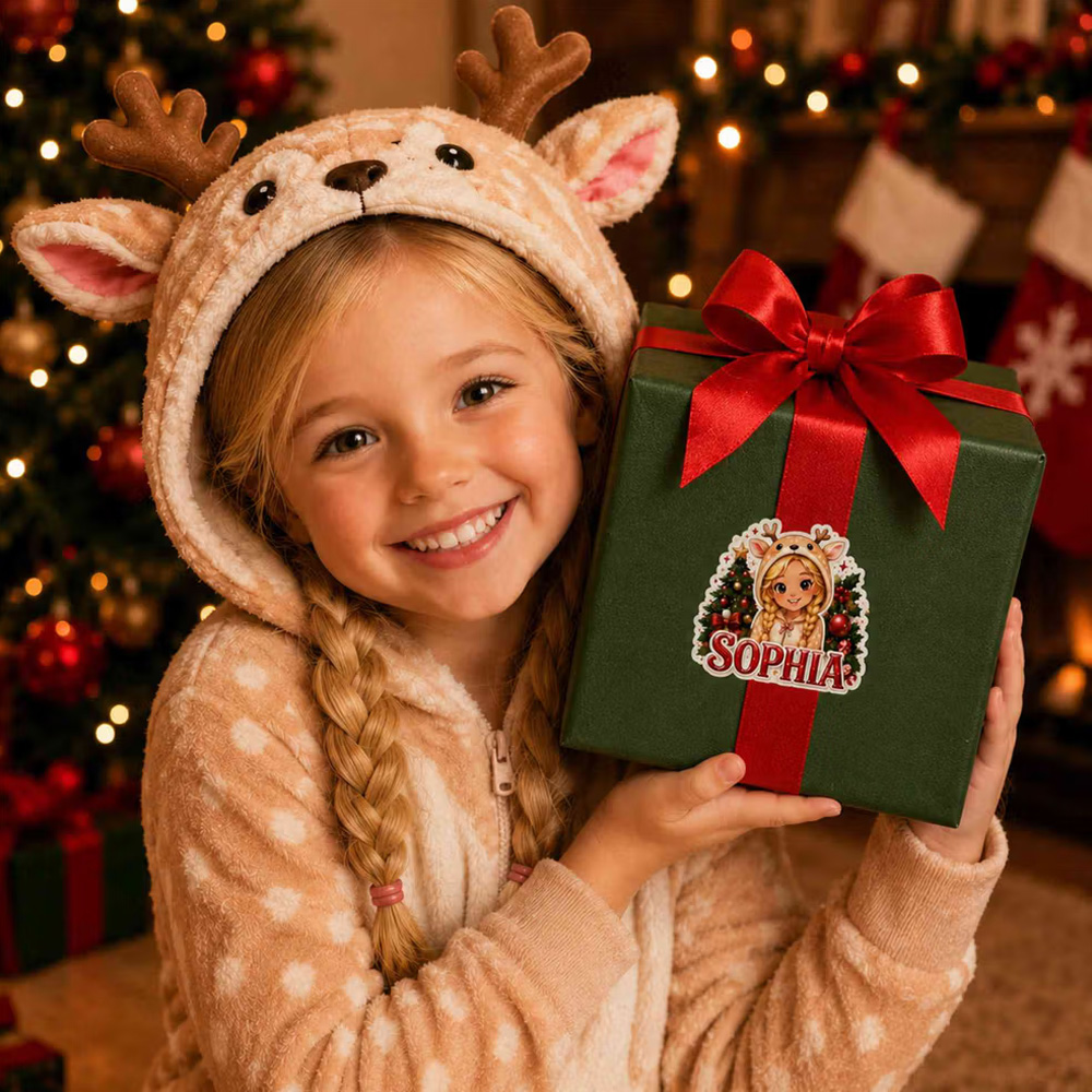 Personalized Reindeer Girl Christmas-Themed Gift Labels with Name, Waterproof Stickers for Gift Decor, Party Favors Christmas Gifts for Her Family