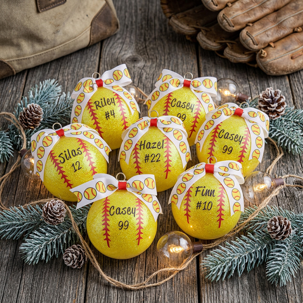 Personalized Softball Bow Ornament with Name and Number Home Tree Decor Sports Team Christmas Gift for Softball Players Lovers