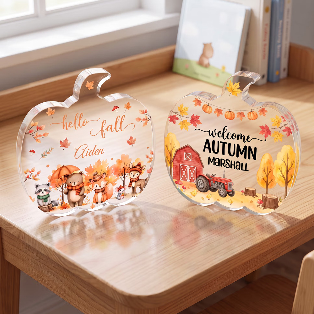 Personalized Name Welcome Autumn Cartoon Animals Pumpkin Shaped Acrylic Plaque Freestanding Fall Decoration Thanksgiving Day Birthday Gift for Kids