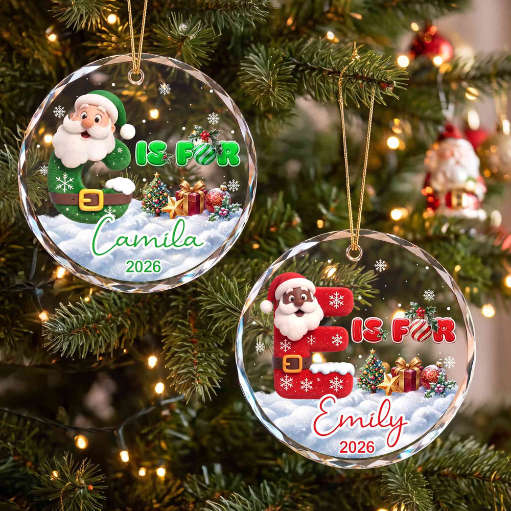 Personalized Santa Claus Alphabet Christmas Ornament with Name Year Glass Holiday Tree Hanging Decor Christmas Gift for Kids and Family