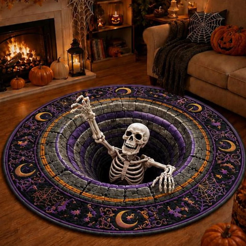 Personalized Halloween Skeleton Rug 3D Hole Illusion Round Floor Mat Spooky Pumpkin Bat Decor For Home Living Room Entry Party