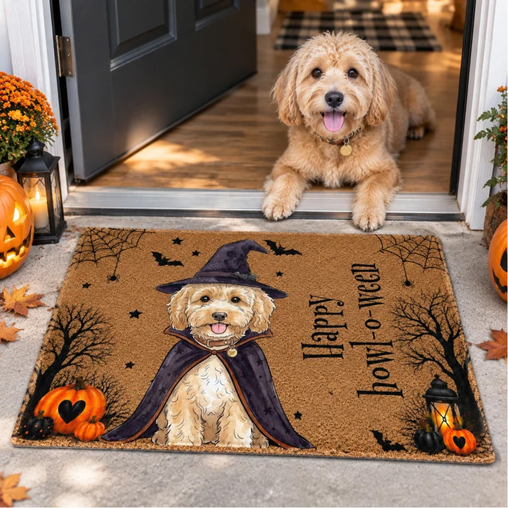 Personalized Doormat Custom Pet Portrait Watercolor Art Happy Halloween