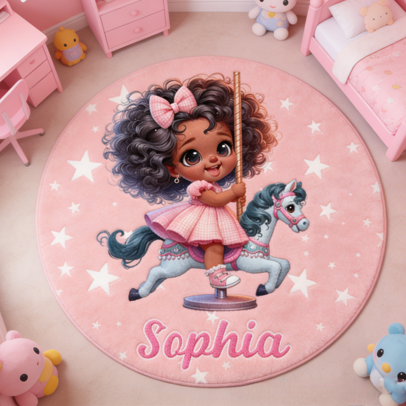 Personalized Cartoon Black Girl Rug with Name Home Decor Christmas Birthday Gift for Kids