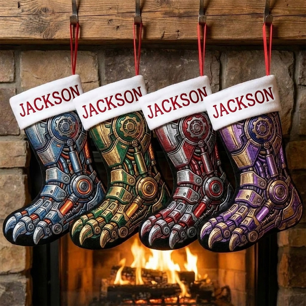 Personalized Christmas Stocking Custom Name Mechanical Dinosaur Inspired Holiday Sock Unique Fireplace Decor Gift For Kids And Fans