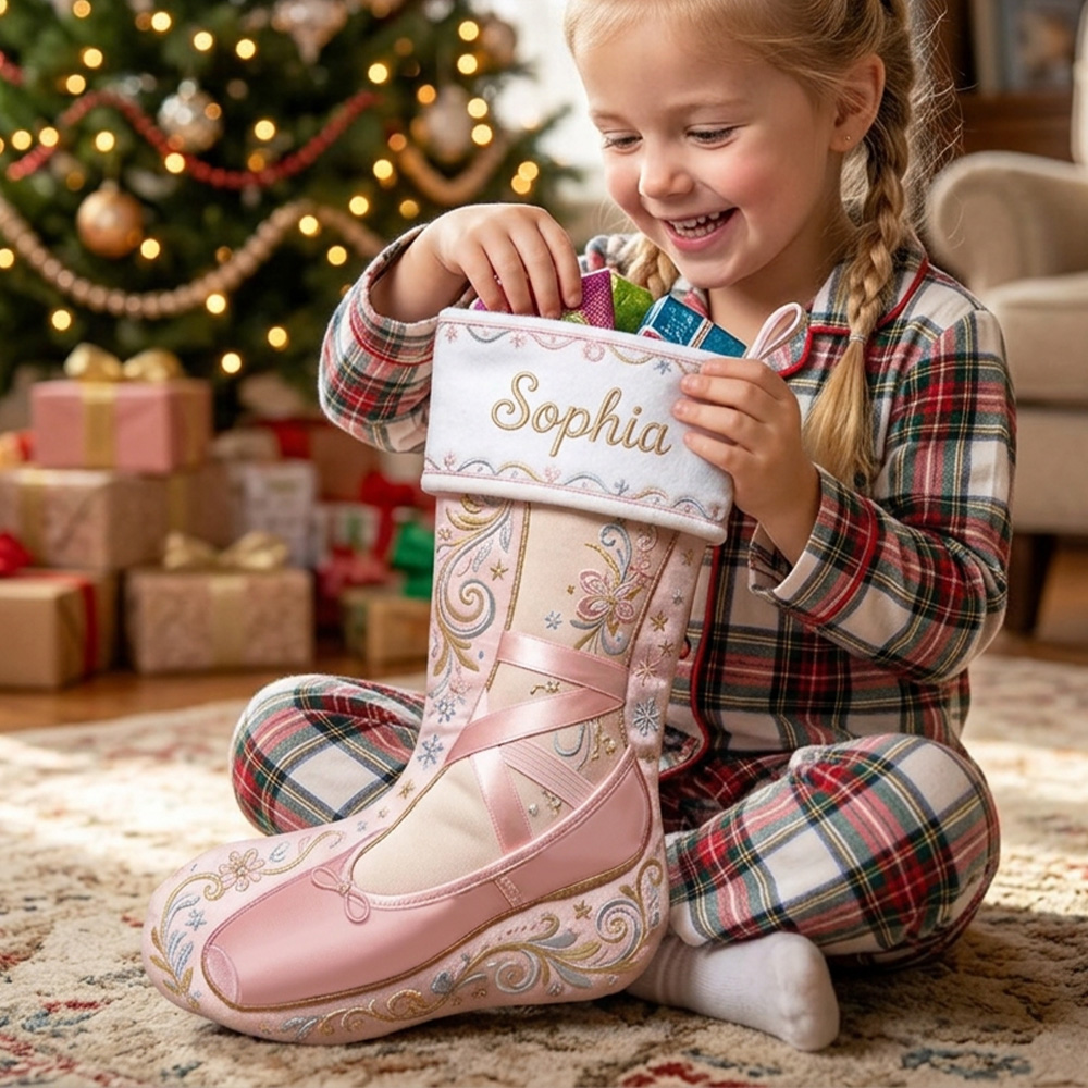 Personalized Ballet Christmas Stocking Custom Name Pink Ballerina Shoe Holiday Sock For Girls Kids Nursery Fireplace Mantel Decor