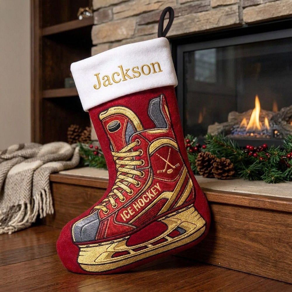 Personalized Hockey Christmas Stocking Custom Name Ice Skate Holiday Sock For Boys Kids Sports Lovers Fireplace Mantel Winter Decor