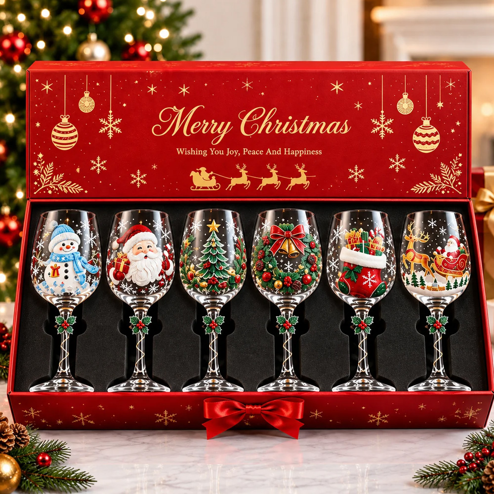 Personalized Christmas Wine Glass Set Hand Painted Holiday Goblet Gift Box For Family Friends Party Dinner Table Decoration