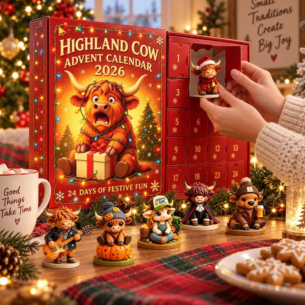 Highland Cow Advent Calendar 2026 24 Days Christmas Countdown 3D Collectible Figurines Farmhouse Holiday Decor Gift for Cow Lovers