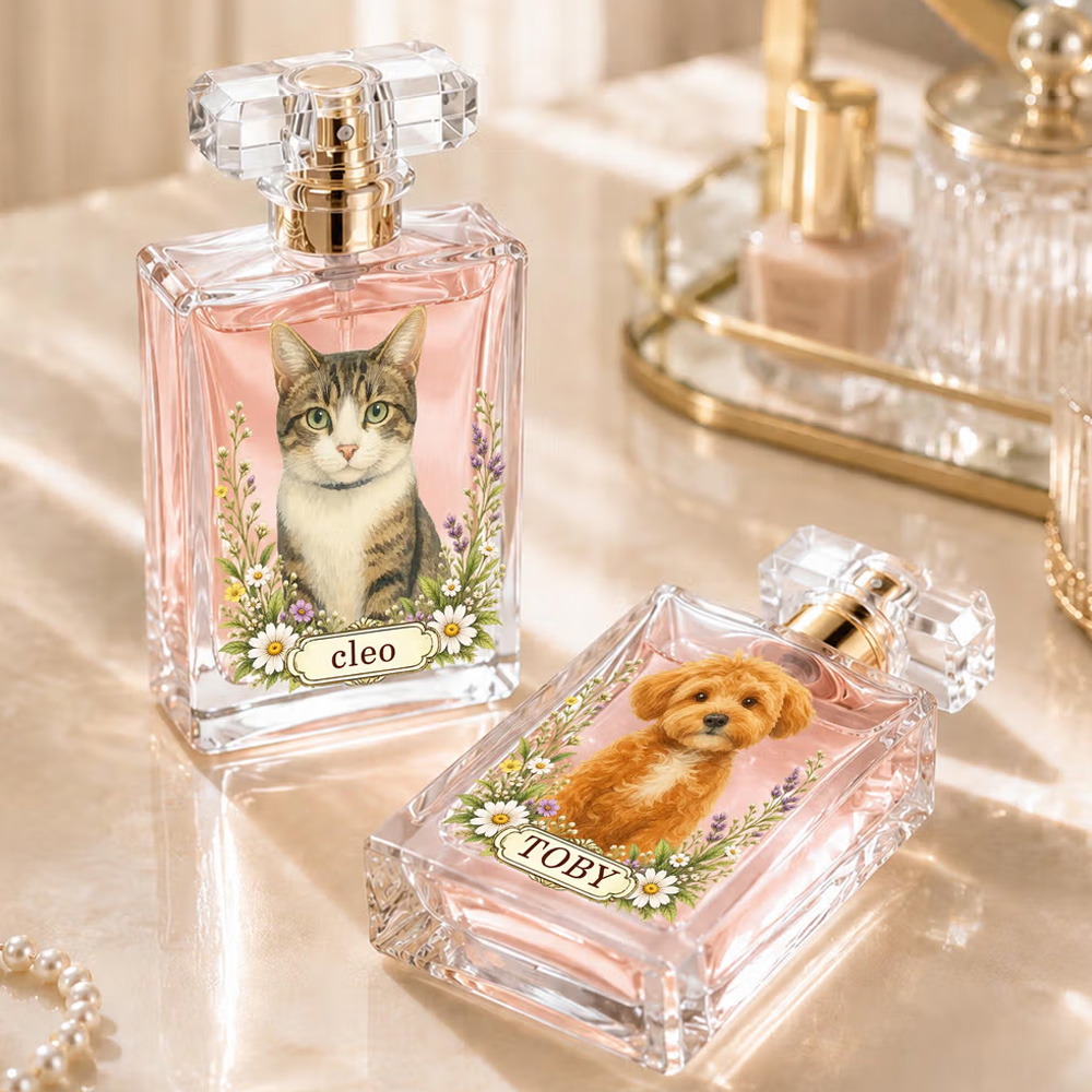 Personalized Floral Pet Photo Durable Glass Perfume Bottle with Name Birthday Gift for Dog Cat Pet Owners Lovers