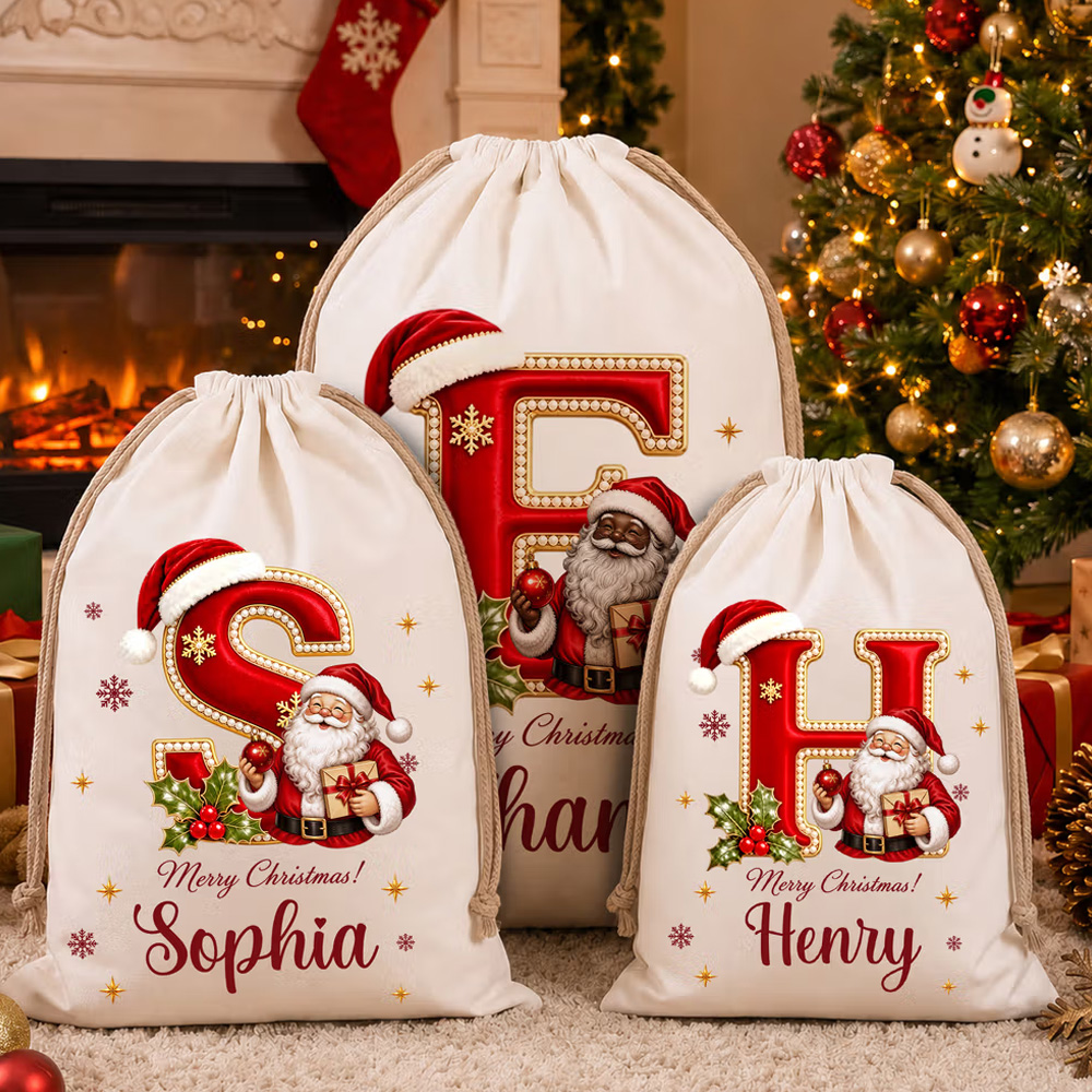 Personalized Merry Christmas Santa Claus Canvas Drawstring Gift Bag with Name and Initial Christmas Eve Party Gift for Kid