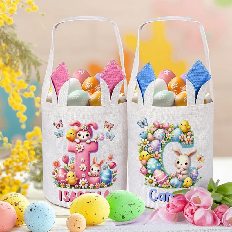 Personalized Cartoon Easter Bunny Ears Large Capacity Basket with Name and Initial Easter Eggs Hunting Party Easter Gift for Kids