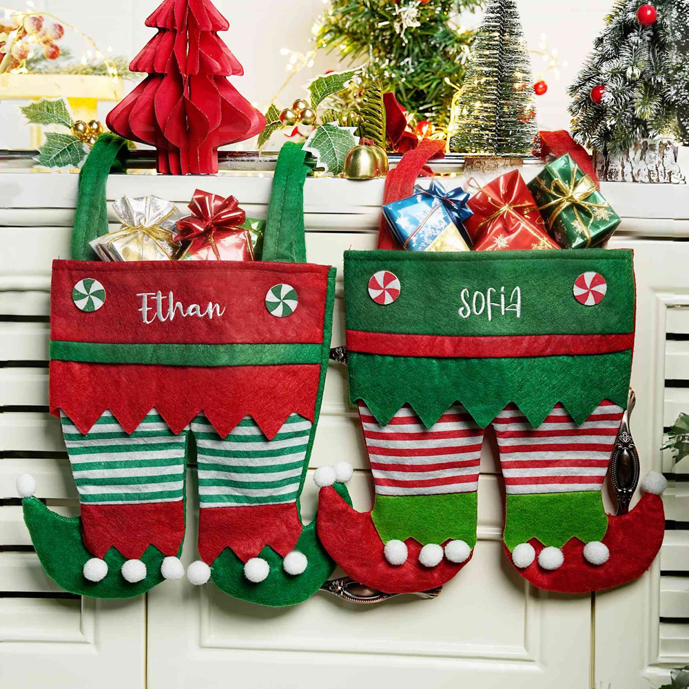 Personalized Name Embroidered Elf Christmas Stocking Festival Fireplace Christmas Tree Hanging Ornament Home Decor Christmas Gift for Family and Kids