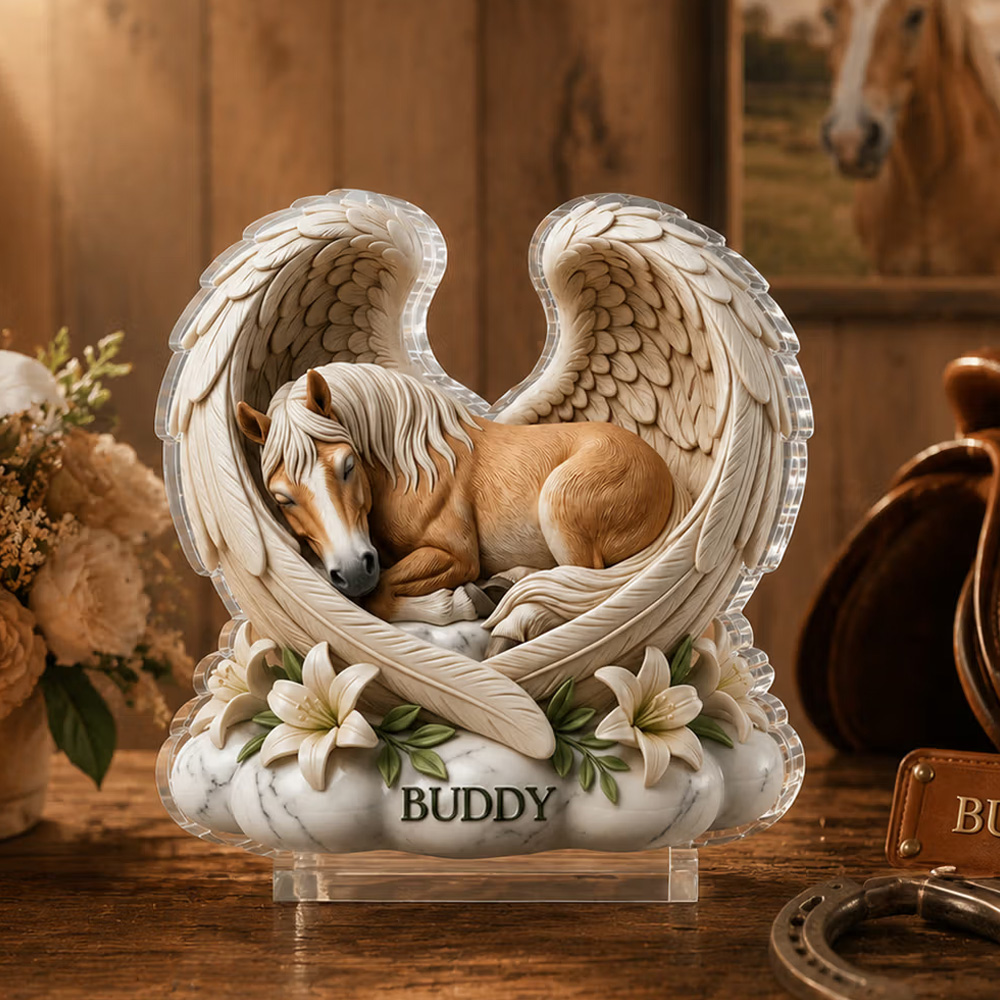 Personalized 3D-Effect Artwork Imitation Clay Angel Wings Horse Photo Acrylic Plaque with Name Desk Decor Memorial Sympathy Gift for Horse Owners