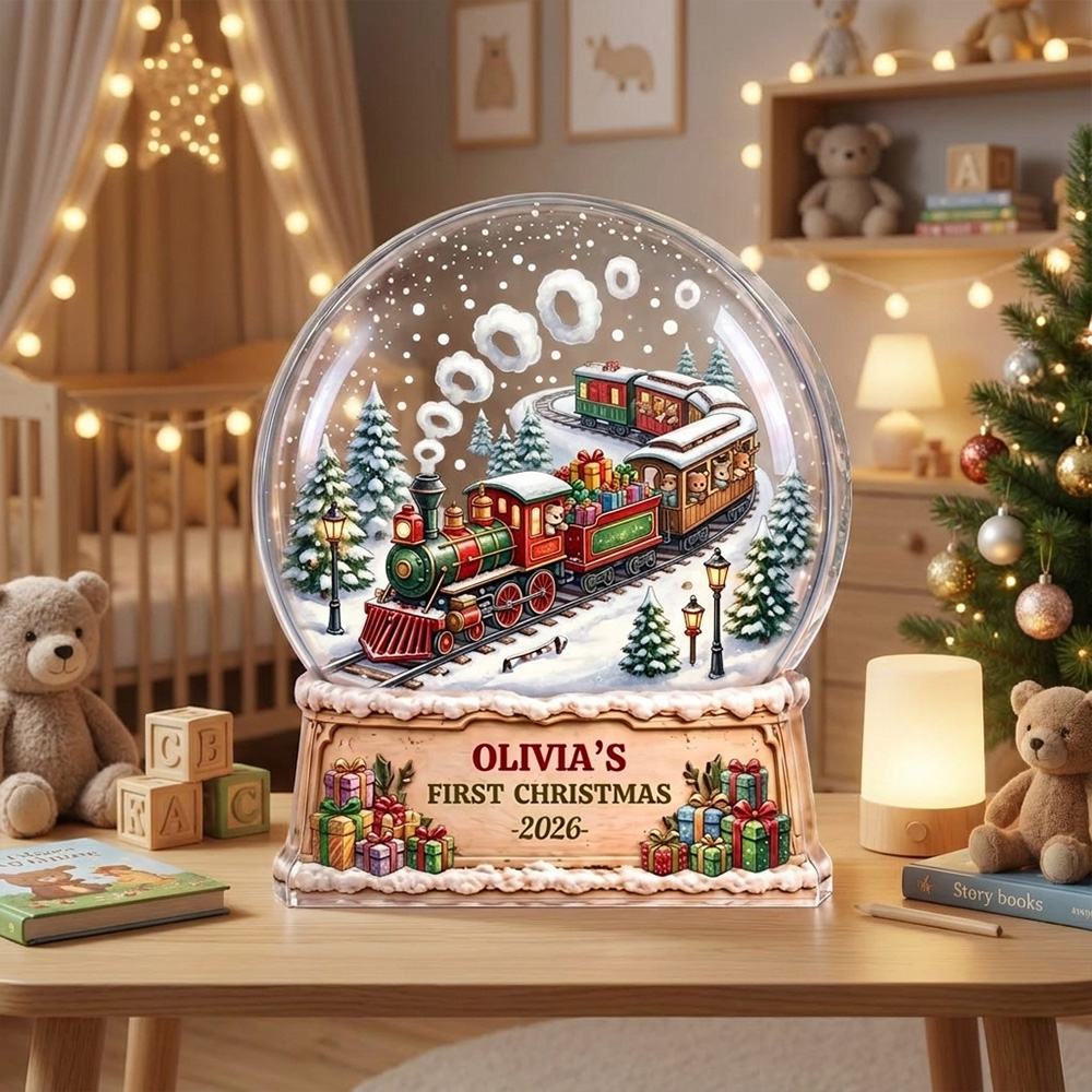 Personalized First Christmas Train Snow Globe Acrylic Plaque Custom Baby Name Year Holiday Keepsake Gift For Newborn Mom Parents Nursery Decor