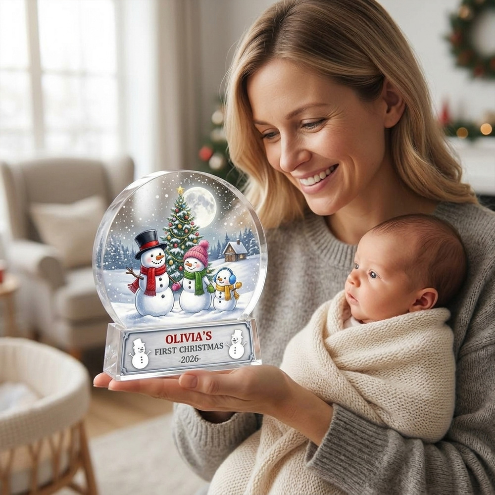 Personalized Snowman Family Snow Globe Acrylic Plaque Custom Name First Christmas Baby Keepsake Holiday Winter Decor Gift For Kids Nursery