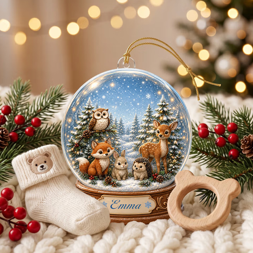 Personalized 3D-Effect Artwork Nordic Animals Crystal Ball Shaped Acrylic Ornament with Name Home Decor Christmas Gift for Newborns New Parents