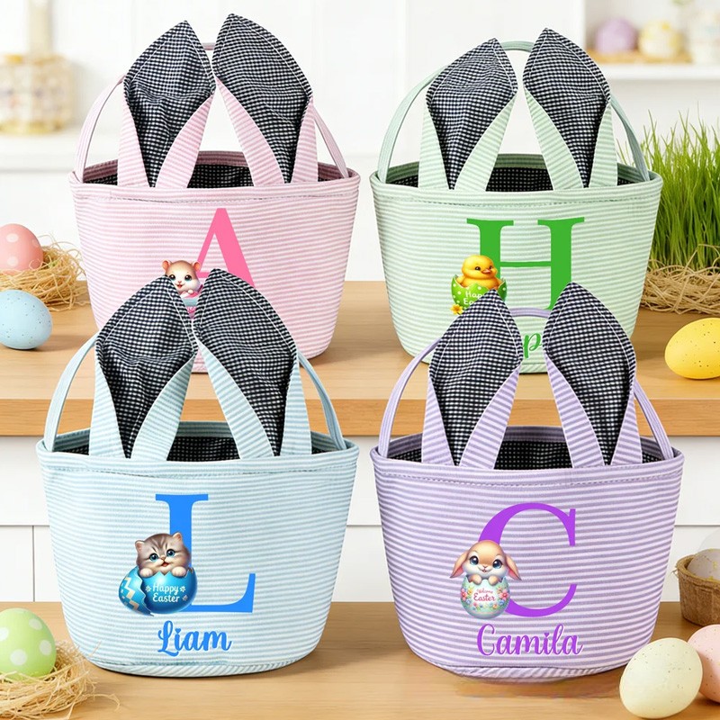 Personalized Multi Color Cute Animal Bunny Ears Easter Basket with Name and Initial Daily Use Holiday Party Easter Gift for Children