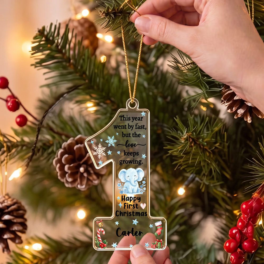 Personalized Name Happy First Christmas Cartoon Animal Number 1 Shape Acrylic Ornament Holiday Tree Hanging Decor Christmas Gift for Newborns