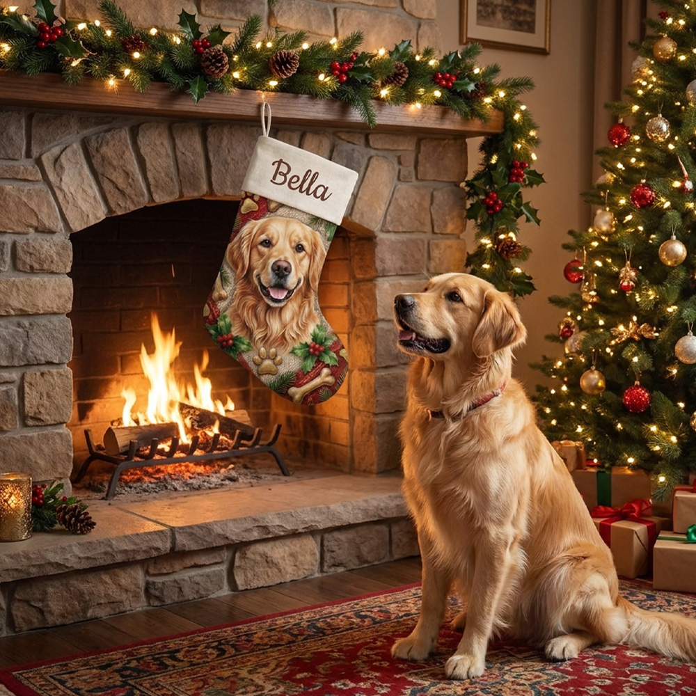 Personalized Pet Christmas Stocking Custom Pet Name Photo Golden Retriever Gift For Dog Lovers Holiday Fireplace Mantel Decoration
