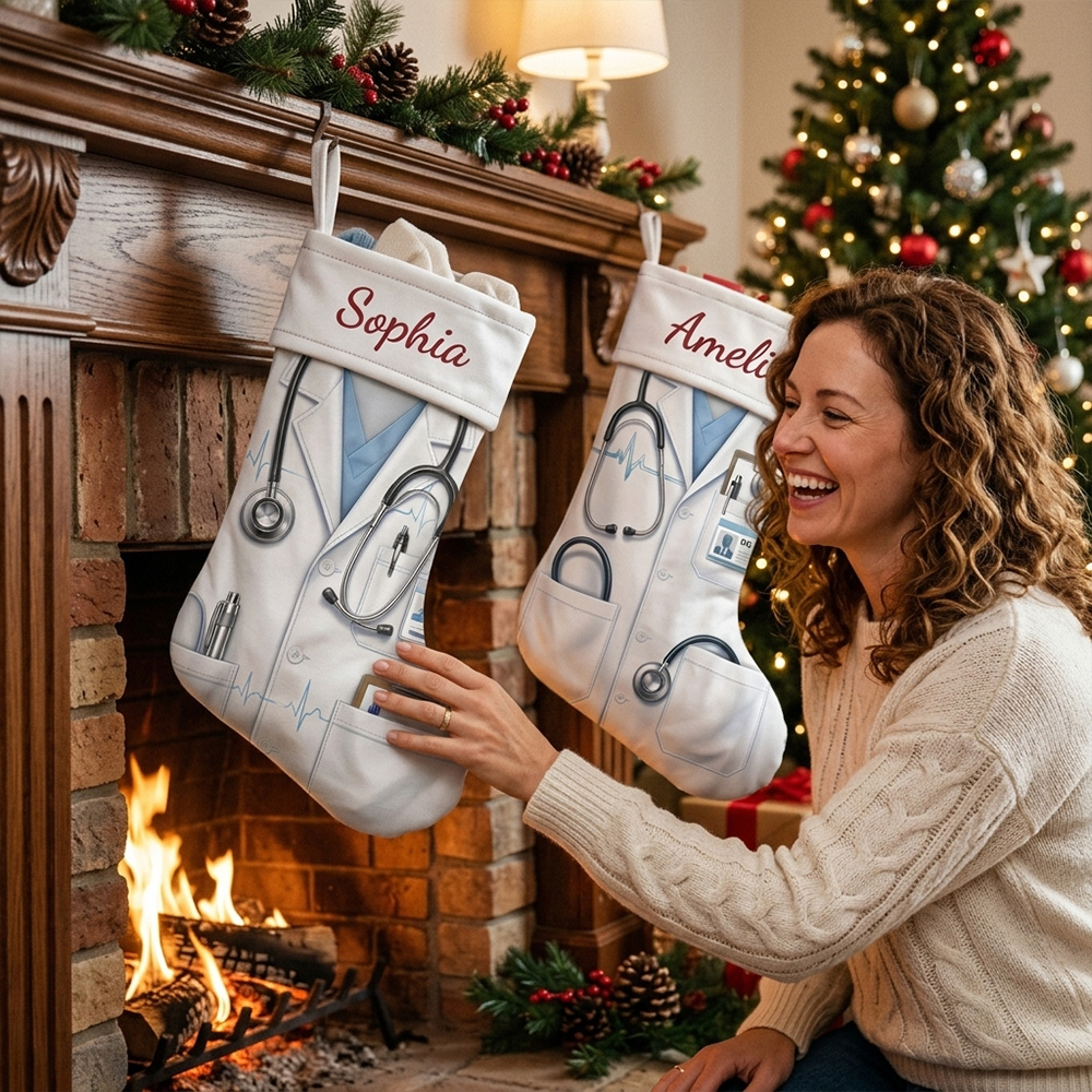 Personalized Nurse Christmas Stocking Custom Name Stethoscope Scrubs Medical Symbols Gift For Mom Worker Holiday Fireplace Mantel Decoration