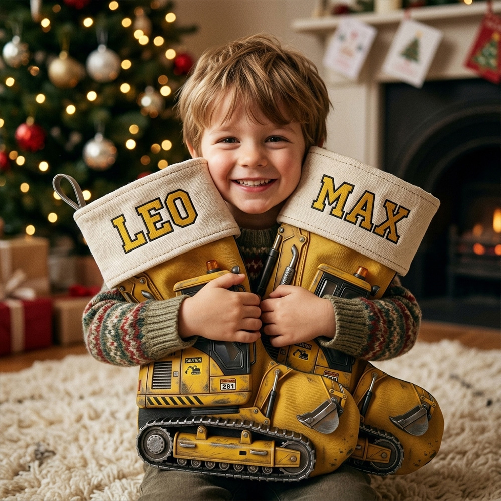 Personalized Construction Christmas Stocking Custom Name Yellow Excavator Truck Gift For Kids Toddler Boys Holiday Fireplace Mantel Decoration
