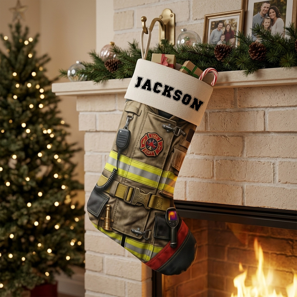 Personalized Firefighter Christmas Stocking Custom Name Fireman Turnout Gear Uniform Gift For Fire Department Hero Holiday Fireplace Mantel Decoration Gift for Dad Grandpa
