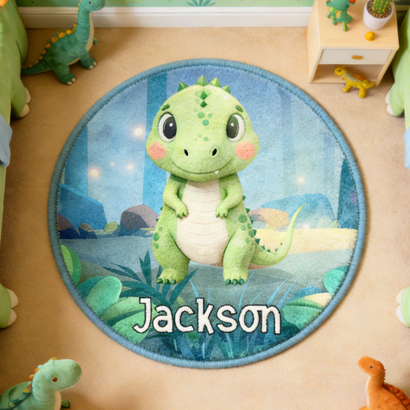Personalized Cartoon Dinosaur Jungle Rug with Name Home Decor Birthday Gift for Kids Dinosaur Lovers