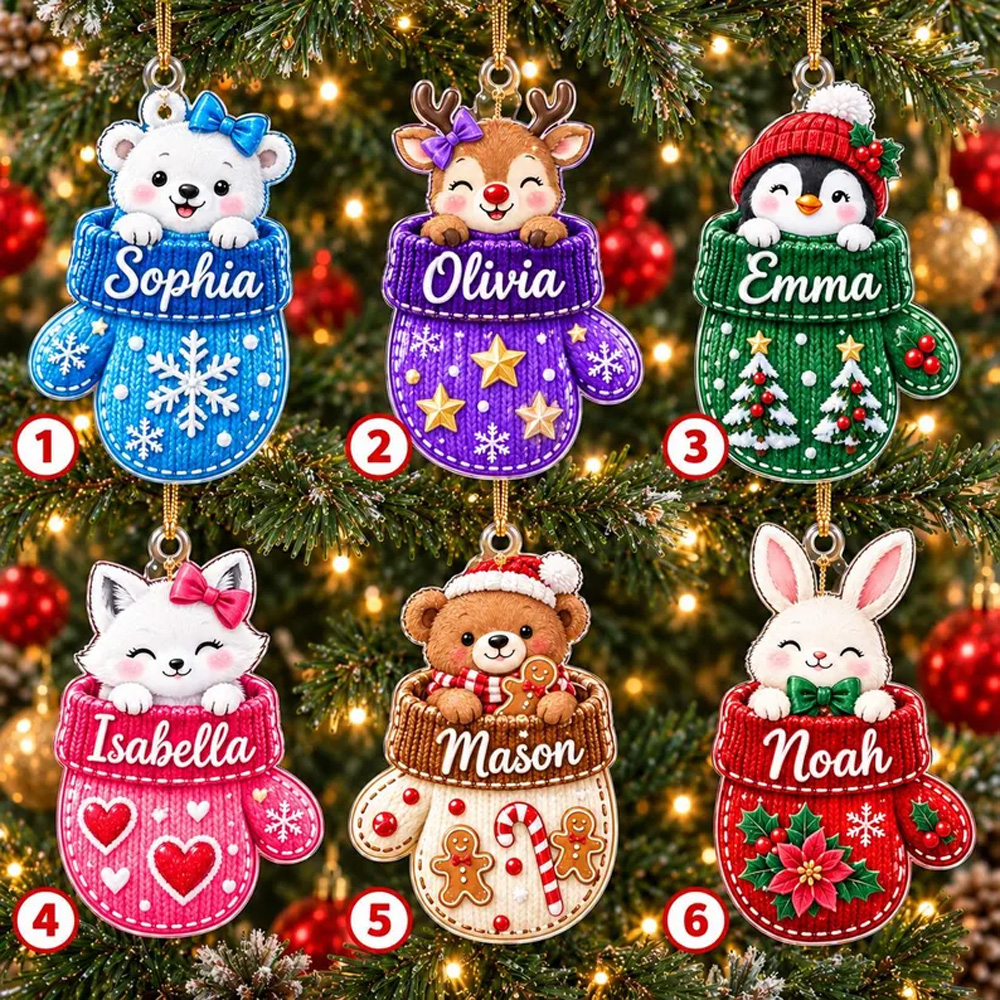 Personalized Kids Christmas Mitten Ornament Custom Name Cute Animal Bear Bunny Penguin Reindeer Gift For Child Holiday Tree Decoration