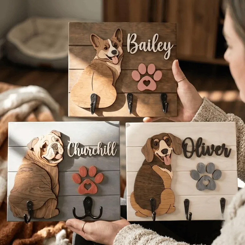 Personalized Dog Leash Holder Custom Dog Name Sign 3D Wooden Pet Leash Hook Shiplap Dog Key Rack Gift for Dog Lover Dog Mom Gift