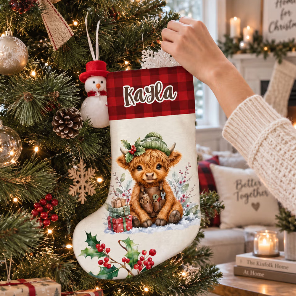 Personalized Cute Christmas Highland Cow Holly Plaid Christmas Stocking with Name Home Decor Christmas Holiday Gift for Kids Friends Family