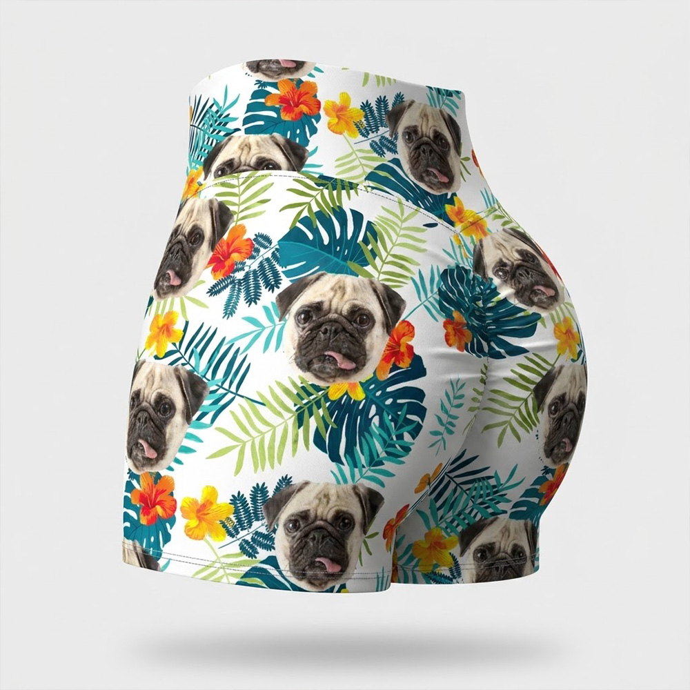 Personalized Custom Pet Face Tropical Leaf High Waisted Scrunch Butt Workout Shorts Photo Collage Gym Yoga Shorts For Women